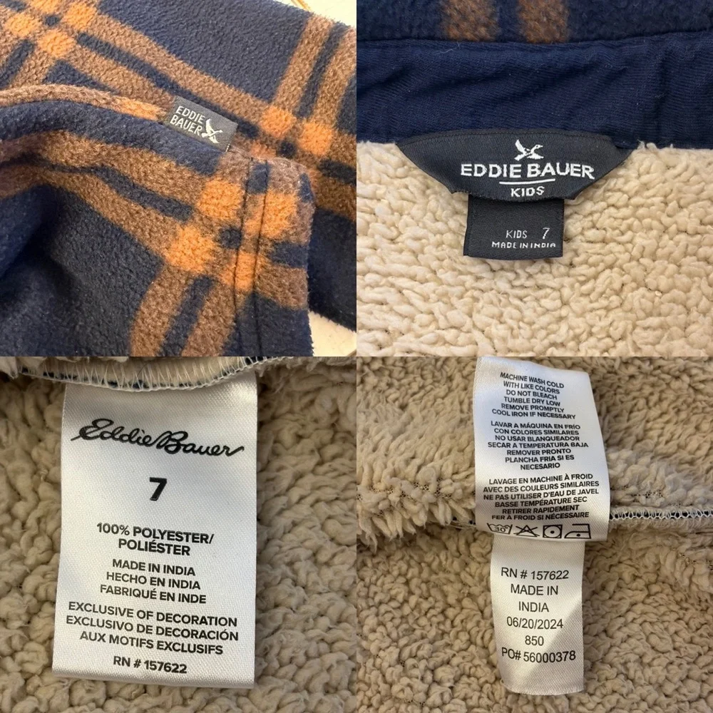 Eddie Bauer Navy Blue and Copper Brown Plaid Button-Up Shirt Jacket Boys 7